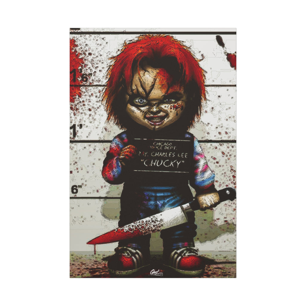 Best Friends Forever canvas print, front view: red-haired doll with a booking placard and bloodied knife
