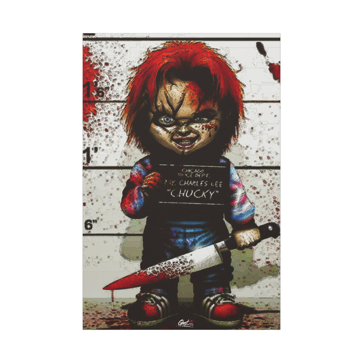 Best Friends Forever canvas print, front view: red-haired doll with a booking placard and bloodied knife