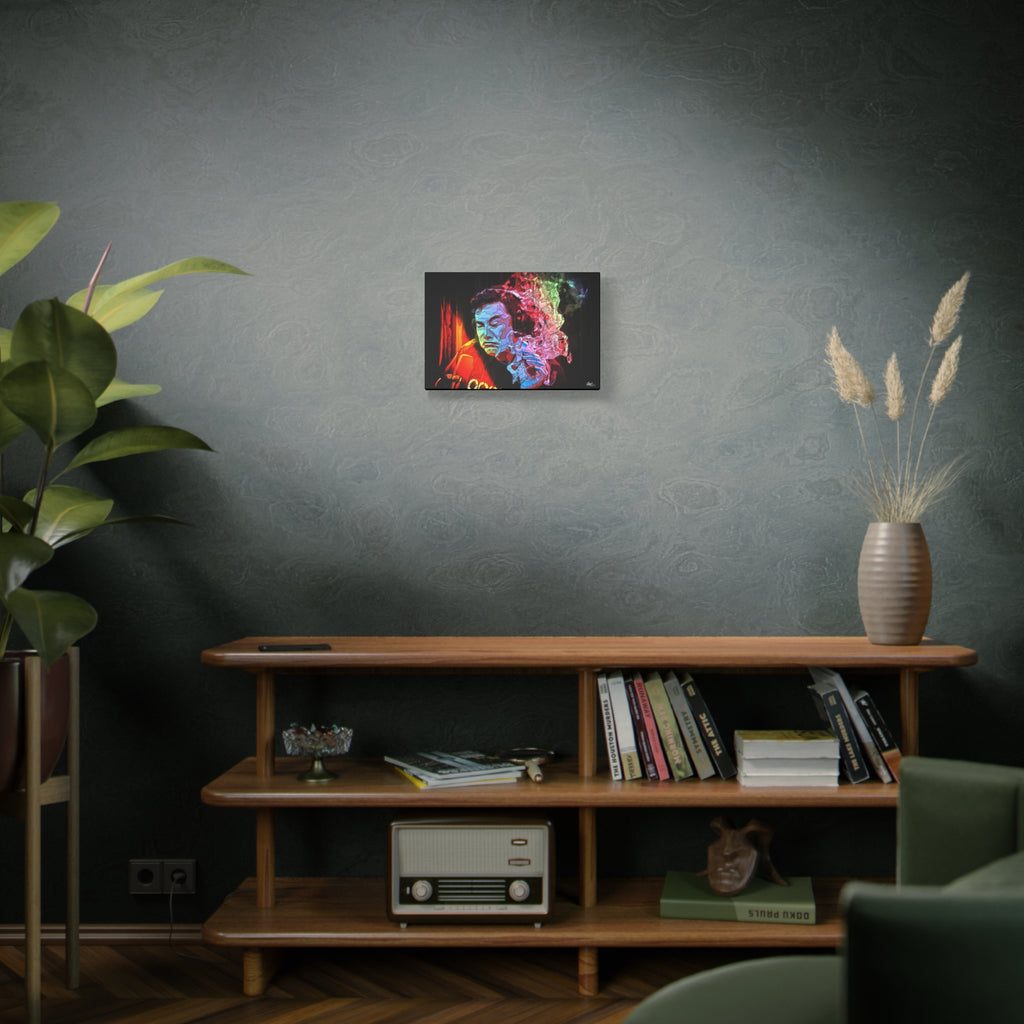 Launch Window small canvas on a green-gray wall over bookshelves, neon smoke cloud swirling from a dark portrait