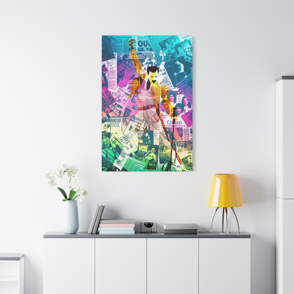 The Showman medium canvas on a white wall over a sideboard, teal-to-pink music collage of a performer mid-show