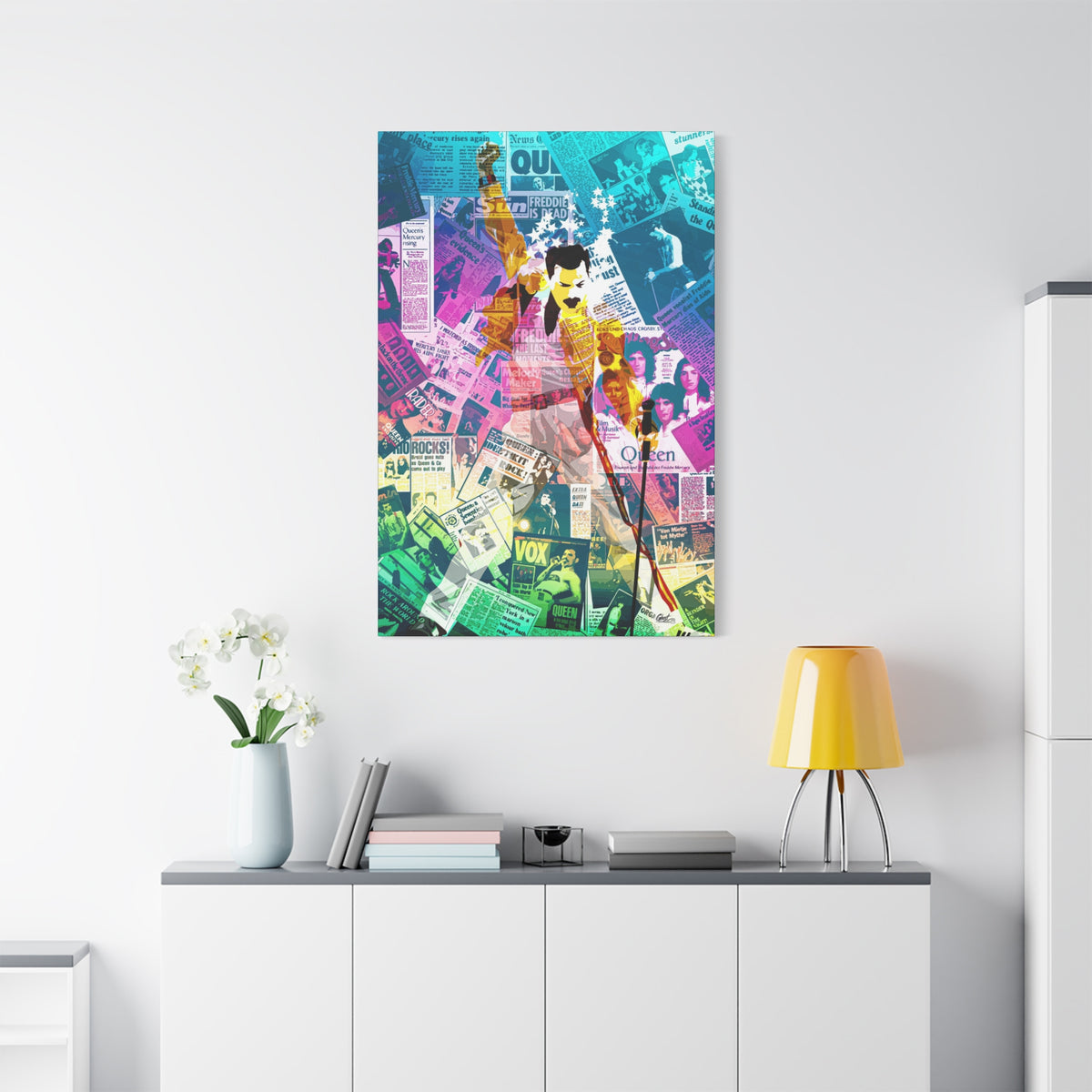 The Showman medium canvas on a white wall over a sideboard, teal-to-pink music collage of a performer mid-show