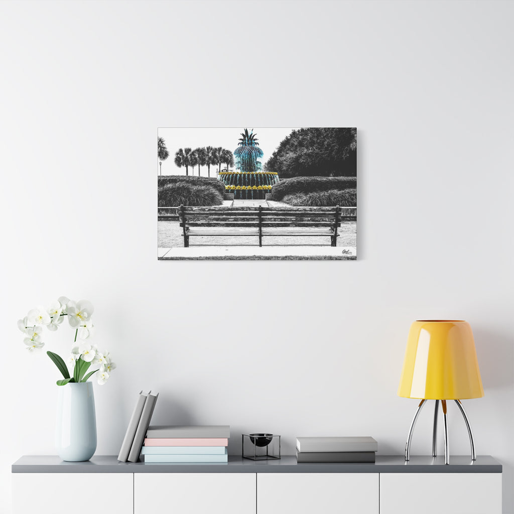 The Pineapple of Peace canvas on a white wall above a console, Southern hospitality pineapple in soft grays and greens