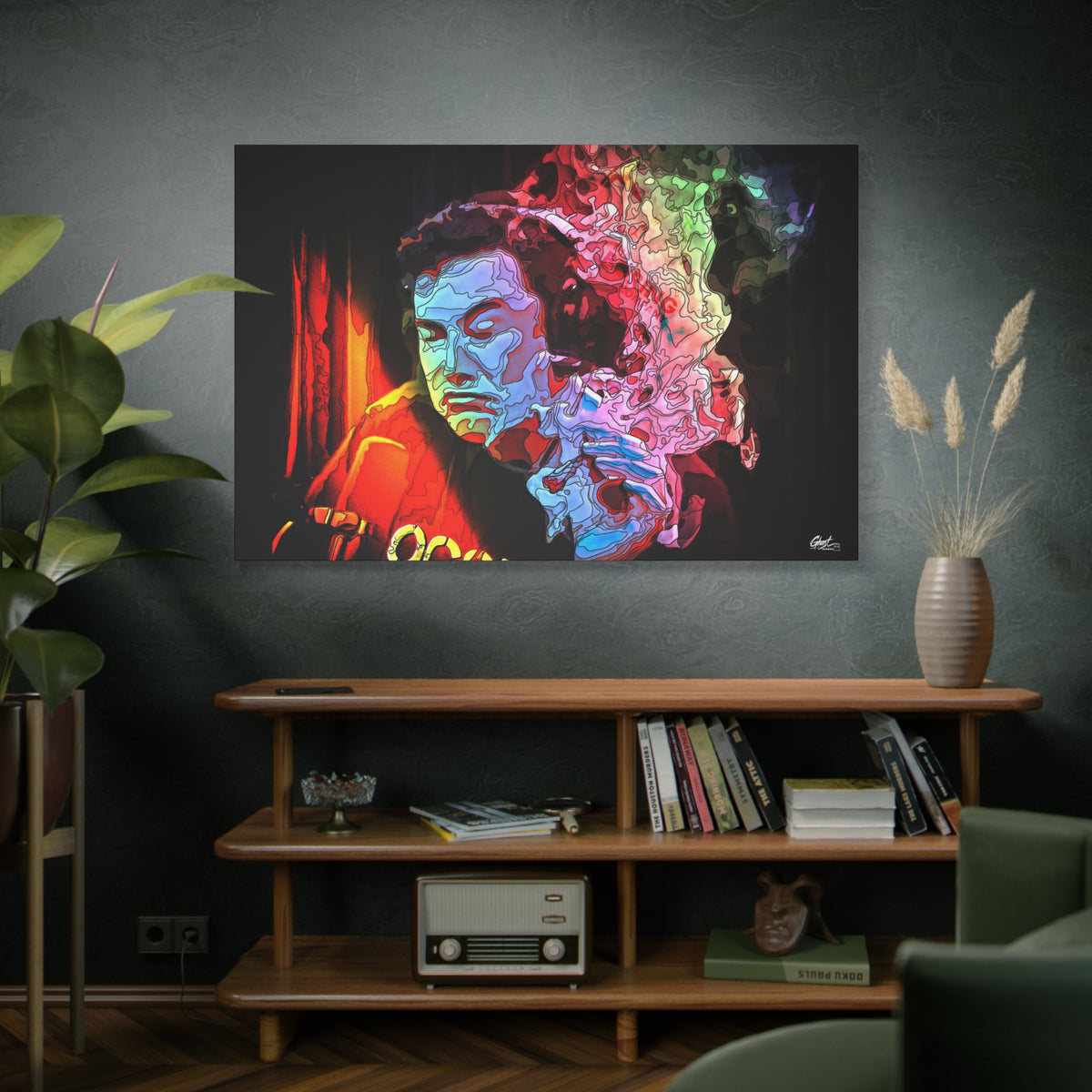 Launch Window oversized canvas above a wooden bookshelf, ice-blue portrait with an eruption of psychedelic smoke