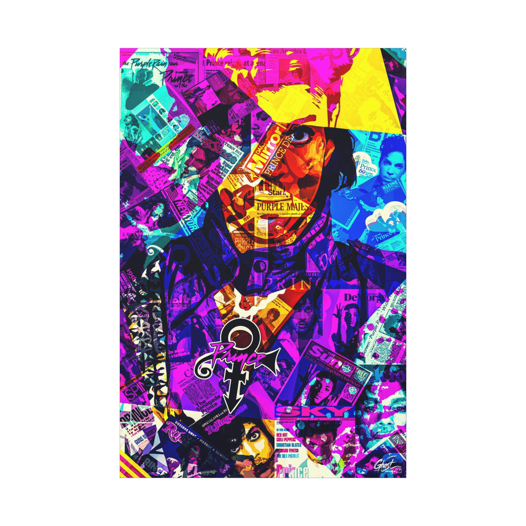 The Symbol canvas print, front view: portrait in a yellow hat over a purple and teal magazine collage