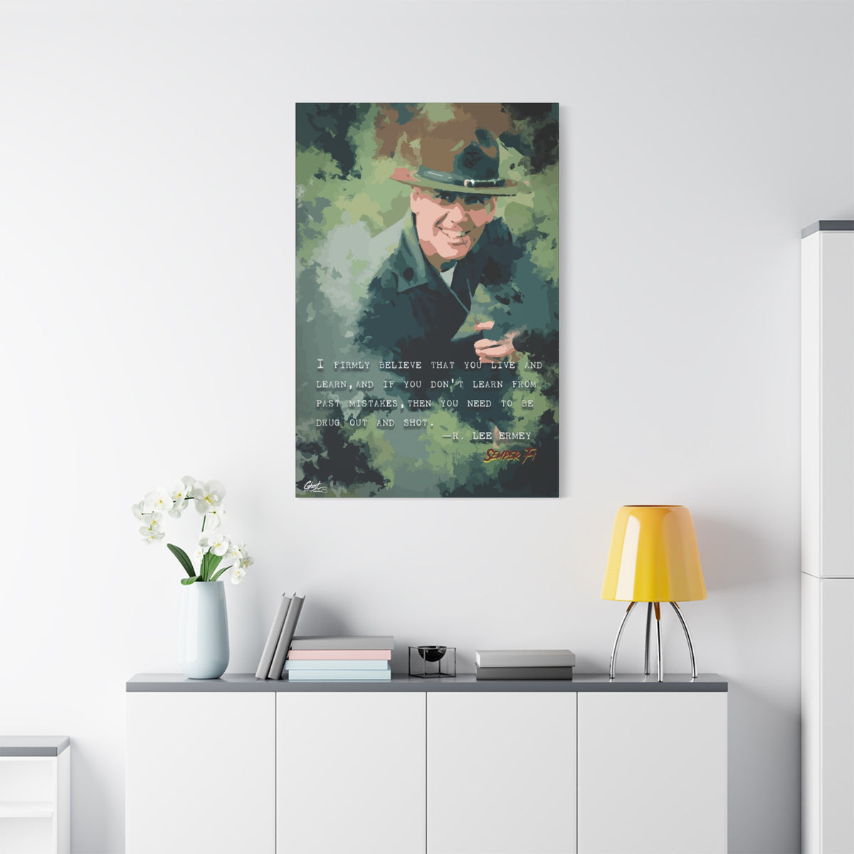 Live and Learn large canvas above a white sideboard and yellow lamp, painterly drill instructor portrait in camo greens