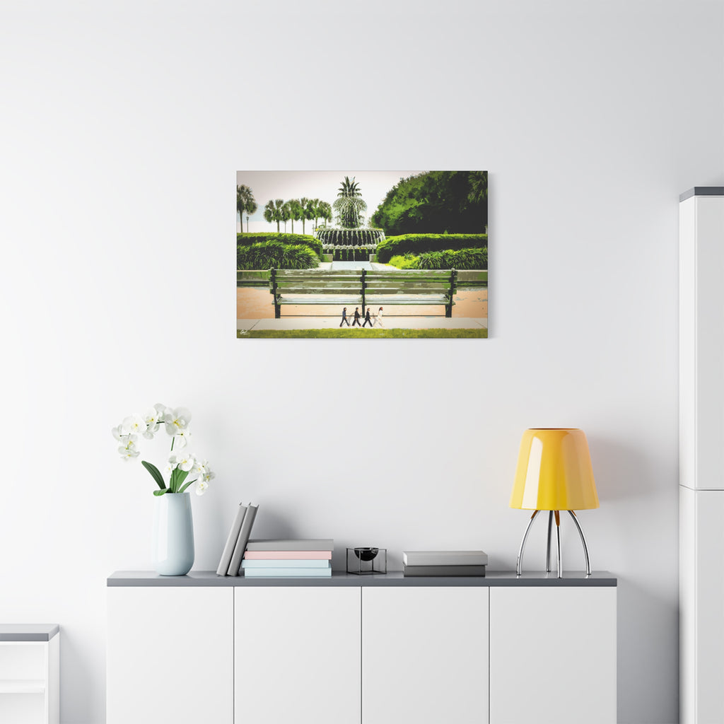 Pineapple Crossing canvas above a white sideboard and yellow lamp, painterly park scene with the pineapple fountain