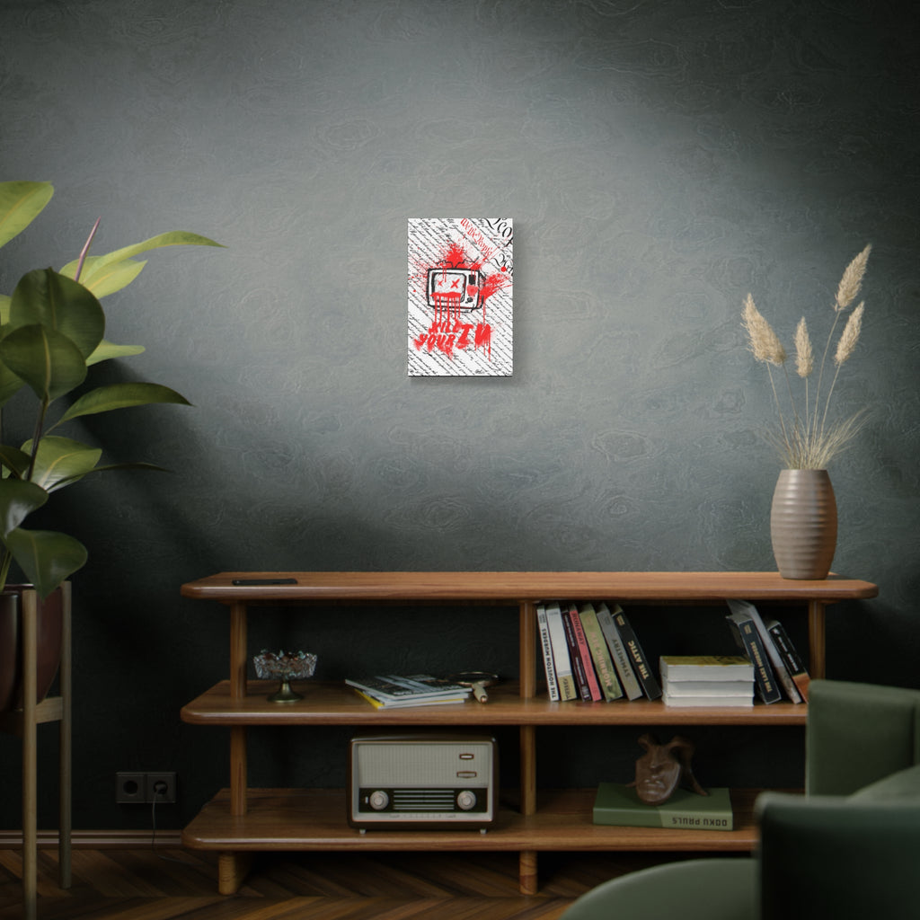 Kill Your TV small canvas on a green-gray wall over bookshelves, vintage TV sketch splashed with dripping red