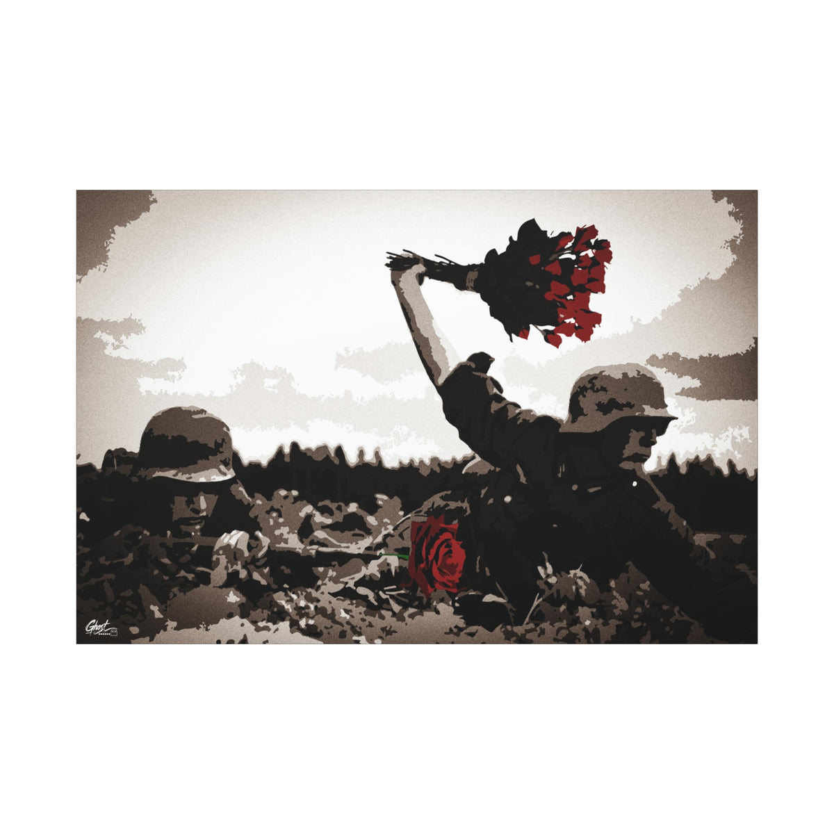 War Peace canvas print, front view: soldier raising red roses above the trenches