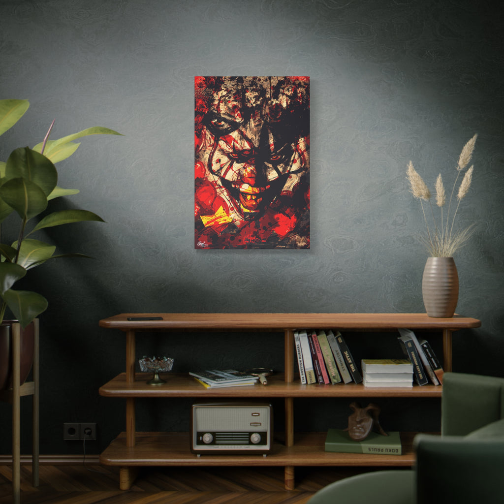 Down in a Drain canvas above a wooden bookshelf, leering clown face in distressed red, black and cream