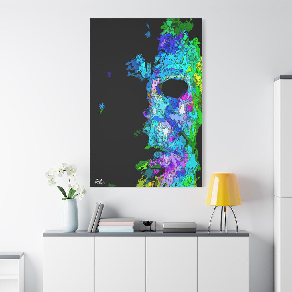 Stalk at Night, Prism Edition canvas on a white wall over a sideboard, fractured triangle mask in electric color on black