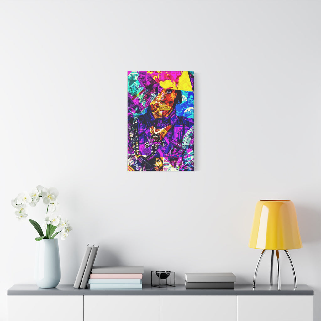 The Symbol small canvas over a console with white flowers, portrait in a yellow hat over a purple and teal magazine collage