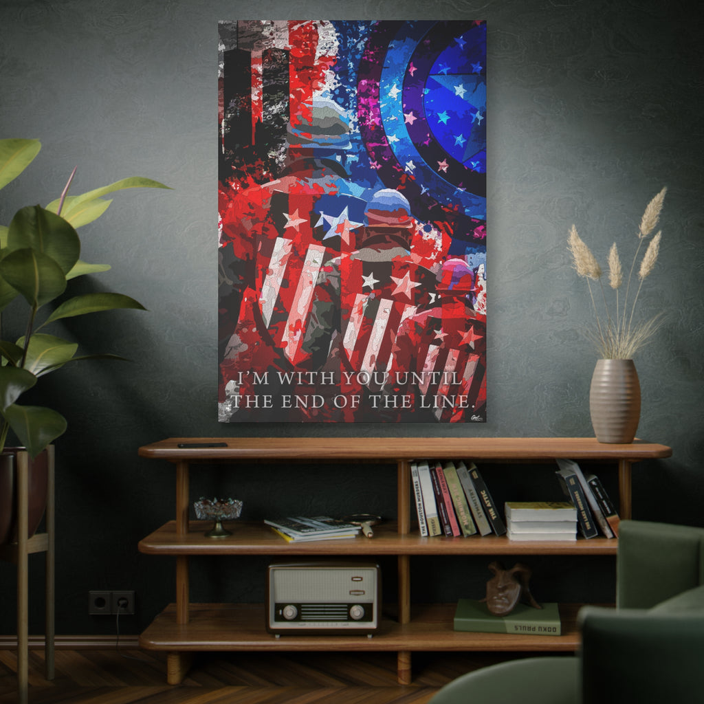 9/11 Never Forget canvas on a green-gray wall over bookshelves, patriotic tribute in red, white, blue and smoke gray