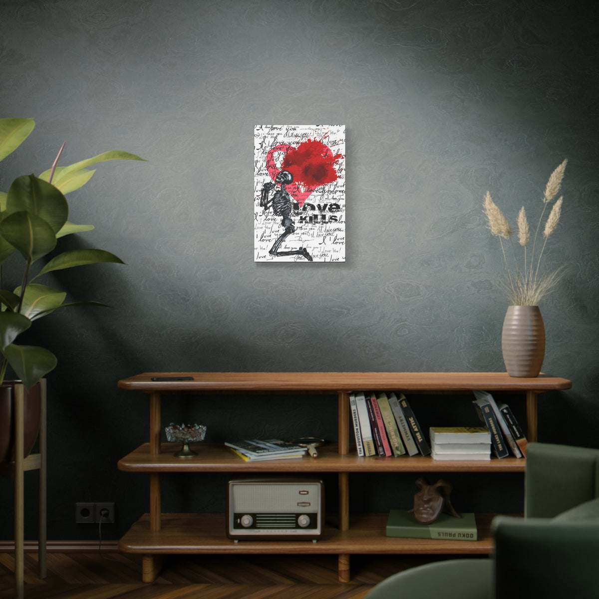 Love Kills small canvas above a wooden bookshelf, black linework skeleton with red splatter heart