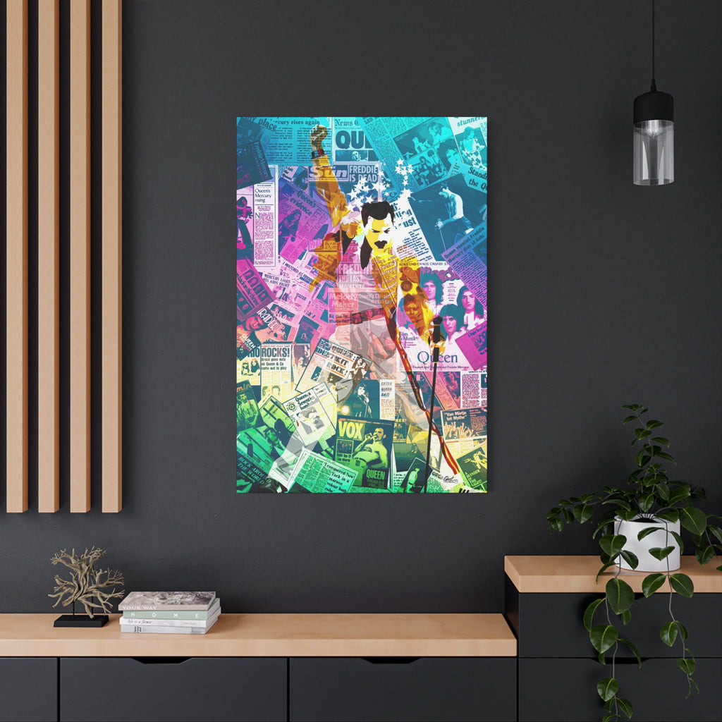 The Showman large canvas on a charcoal wall over an oak shelf, teal-to-pink music collage of a performer mid-show