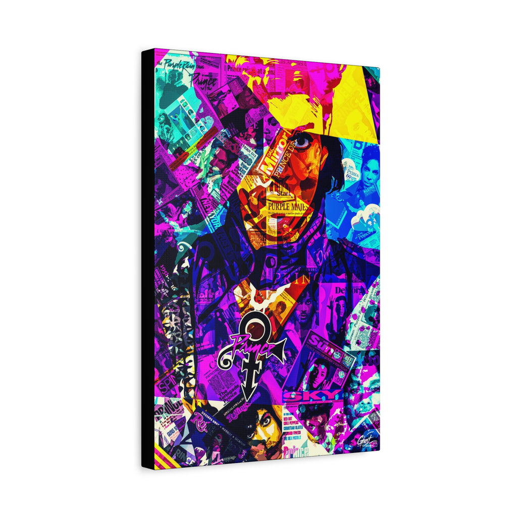The Symbol canvas, angled view of the gallery-wrapped edge: portrait in a yellow hat over a purple and teal magazine collage