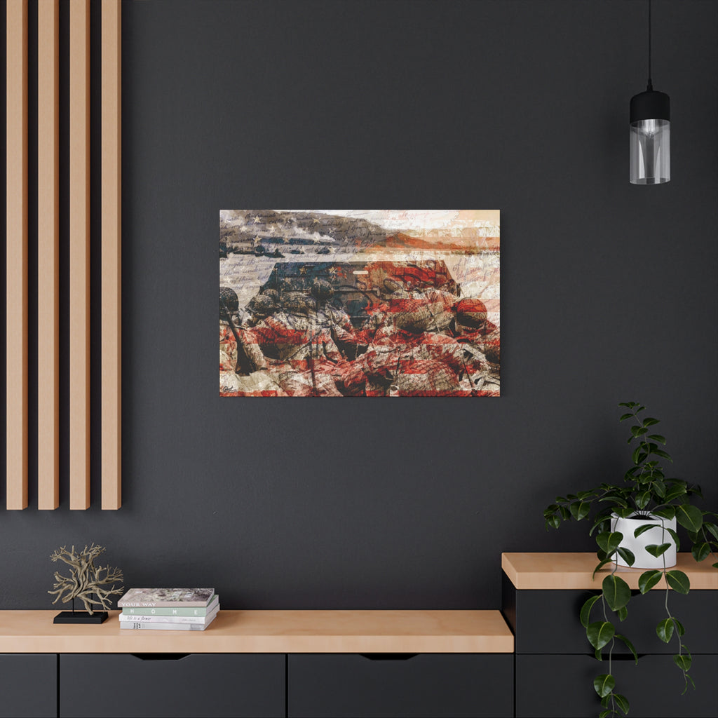 D-Day 75th Anniversary large canvas on a charcoal wall over an oak shelf, D-Day landing craft tribute