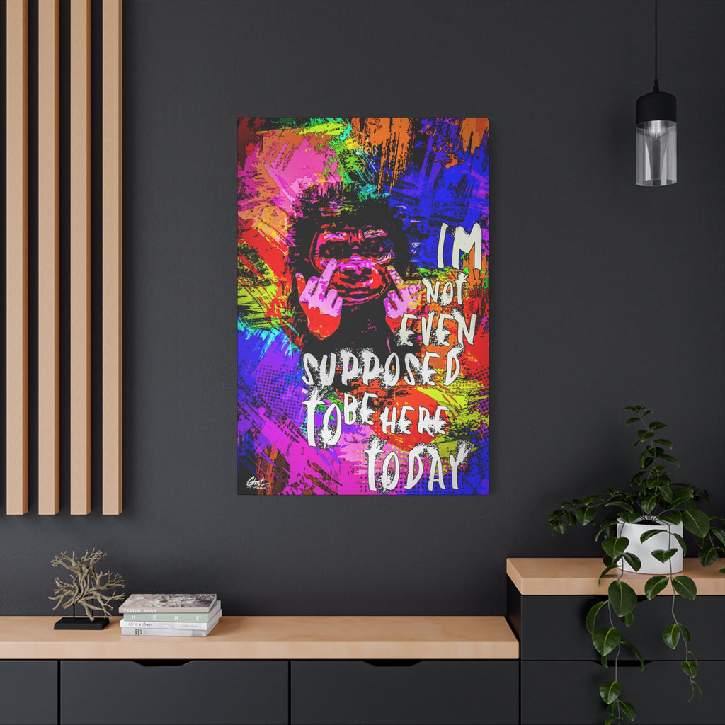 Not Even Supposed to Be Here large canvas on a charcoal wall by wood slats, grinning ape in hot pink and neon brushstrokes