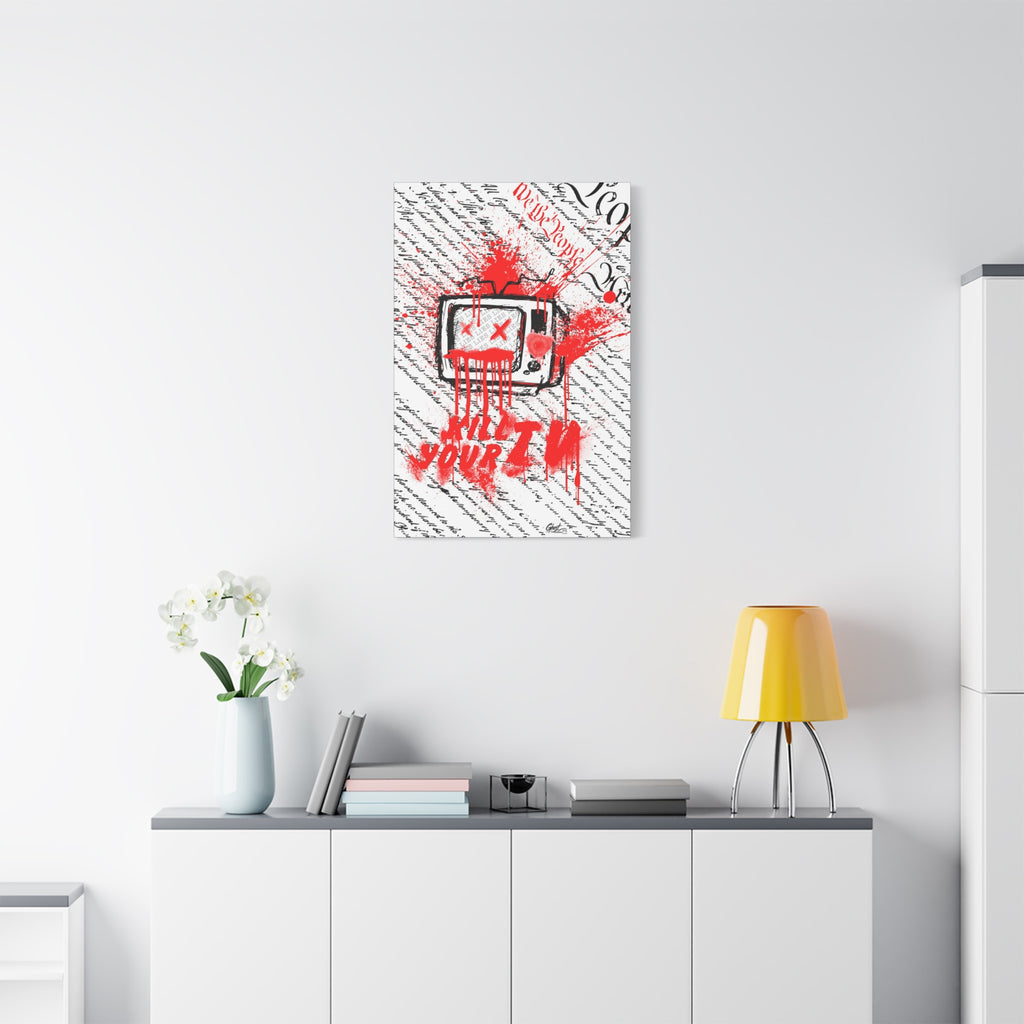 Kill Your TV small canvas above a white sideboard and yellow lamp, hand-drawn TV with X eyes and bursting red paint