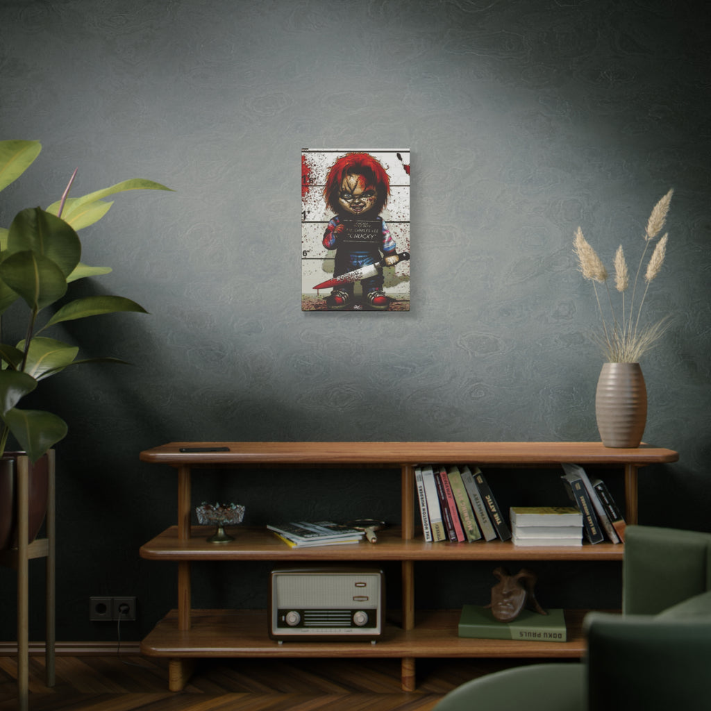 Best Friends Forever small canvas above a wooden bookshelf, doll lineup photo splashed with red