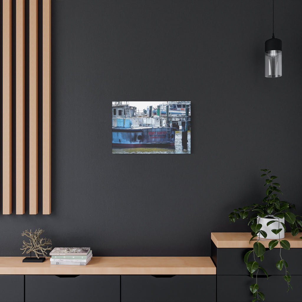 Fort Sumter Enhanced medium canvas on a charcoal wall by wood slats, weathered harbor boat with hand-drawn reflections
