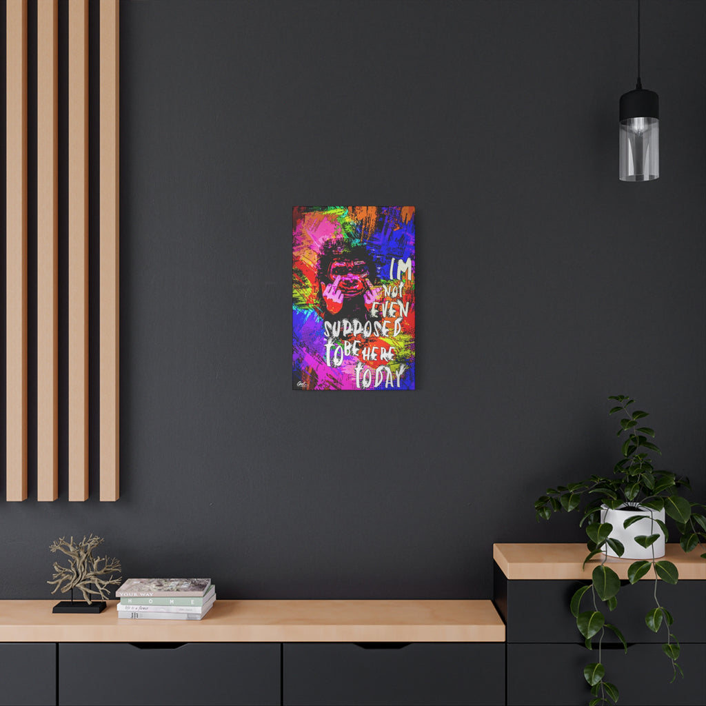 Not Even Supposed to Be Here small canvas on a charcoal wall over an oak shelf, neon pop-art ape over bold halftone color