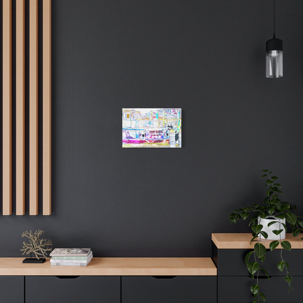 Fort Sumter Retro small canvas on a charcoal wall over an oak shelf, harbor boat in bright retro pinks, blues and yellows