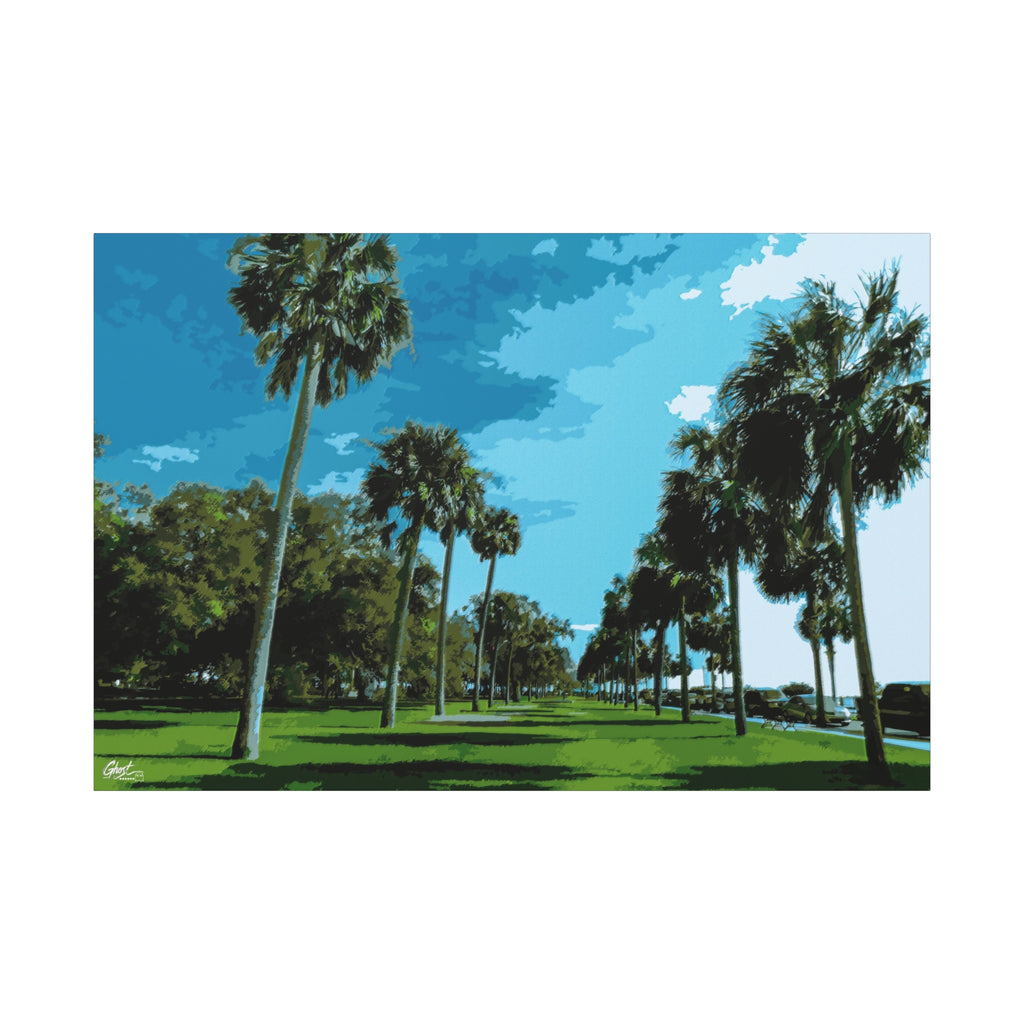The Battery (Original) canvas print, front view: tall palms, green lawns and blue sky at the Battery, Charleston SC
