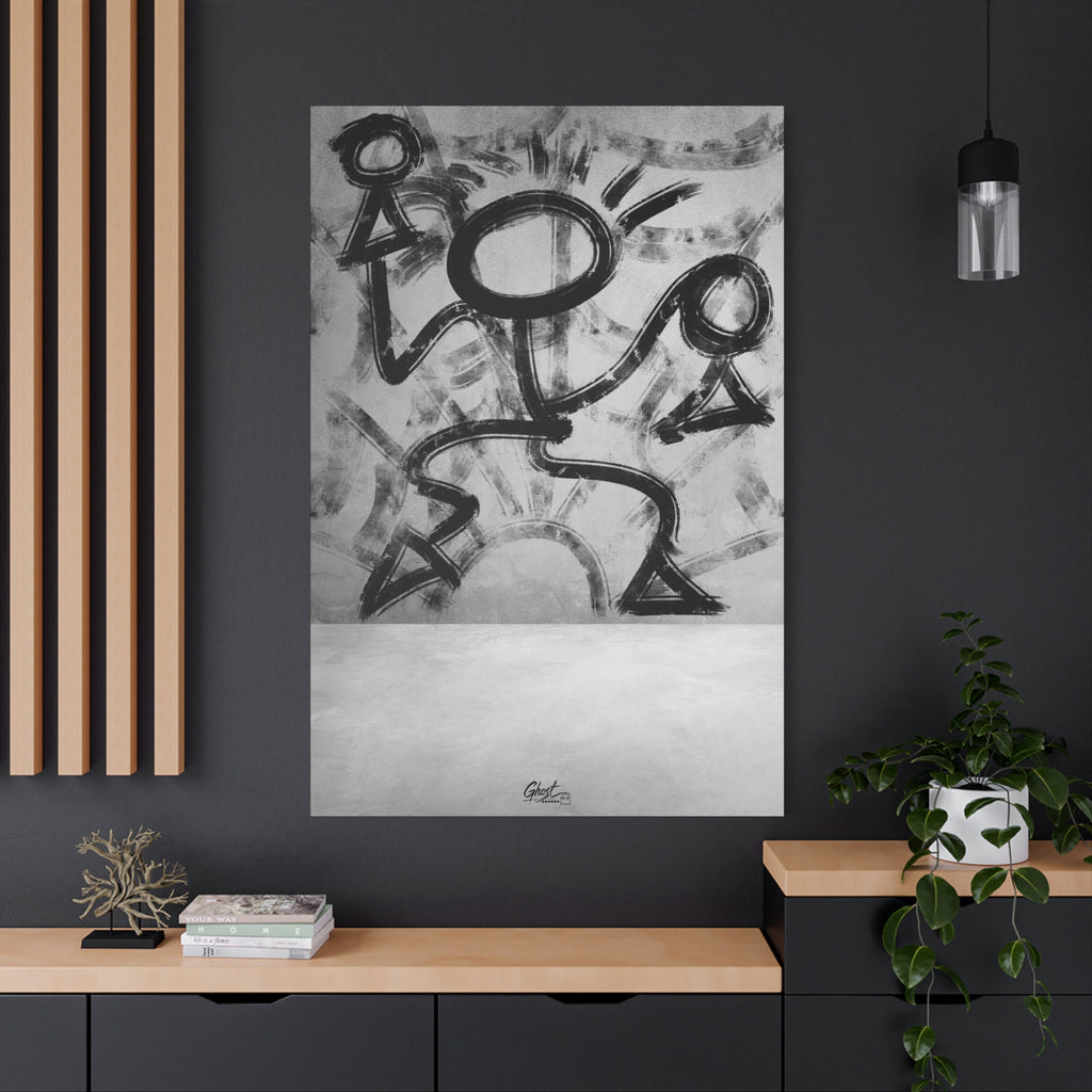 Trapped oversized canvas on a charcoal wall over an oak shelf, raw charcoal-style abstract figure in motion