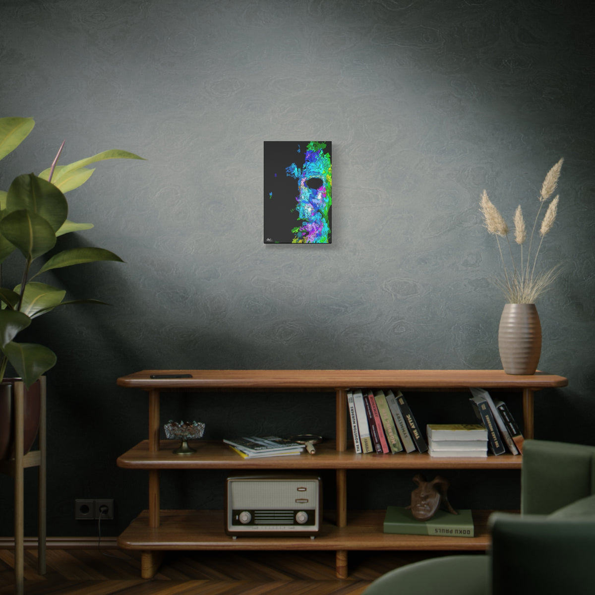 Stalk at Night, Prism Edition small canvas on a green-gray wall over bookshelves, neon triangle-shard mask