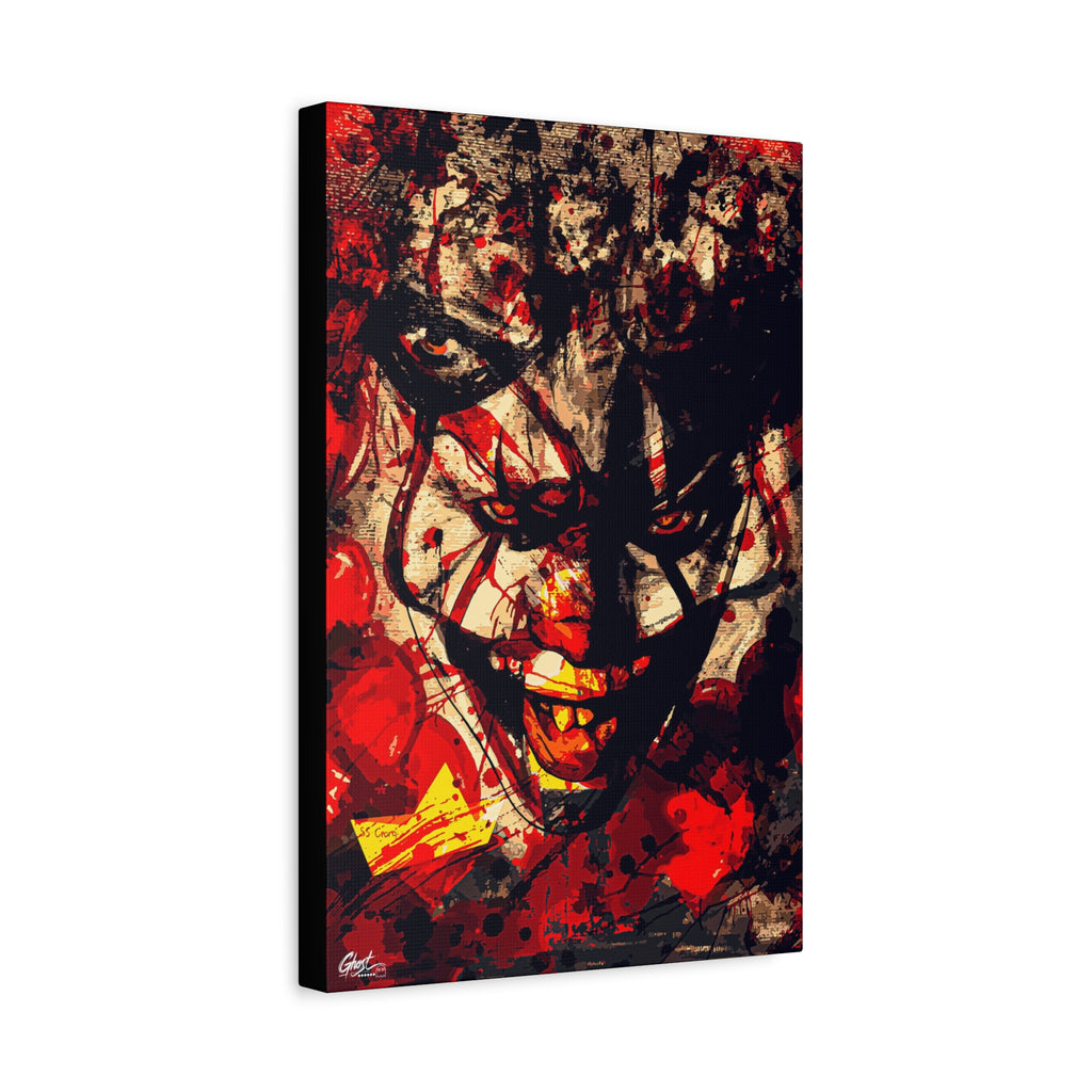 Down in a Drain canvas, angled view of the gallery-wrapped edge: leering clown face in distressed red, black and cream