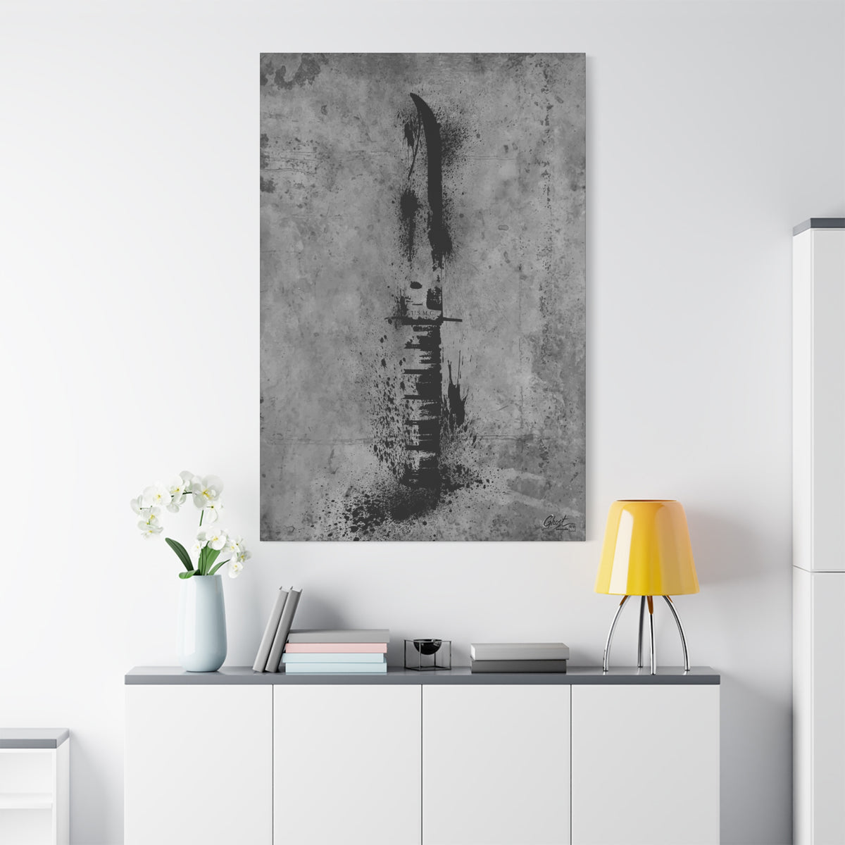 Marines BFF oversized canvas on a white wall over a sideboard, clip-point knife silhouette in gritty black and gray
