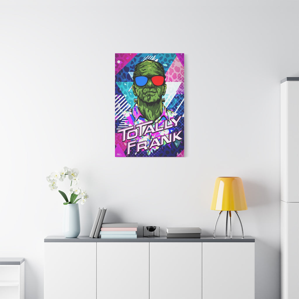 Monster Vibes canvas above a white sideboard and yellow lamp, green monster in red-and-blue 3D glasses and a tropical shirt