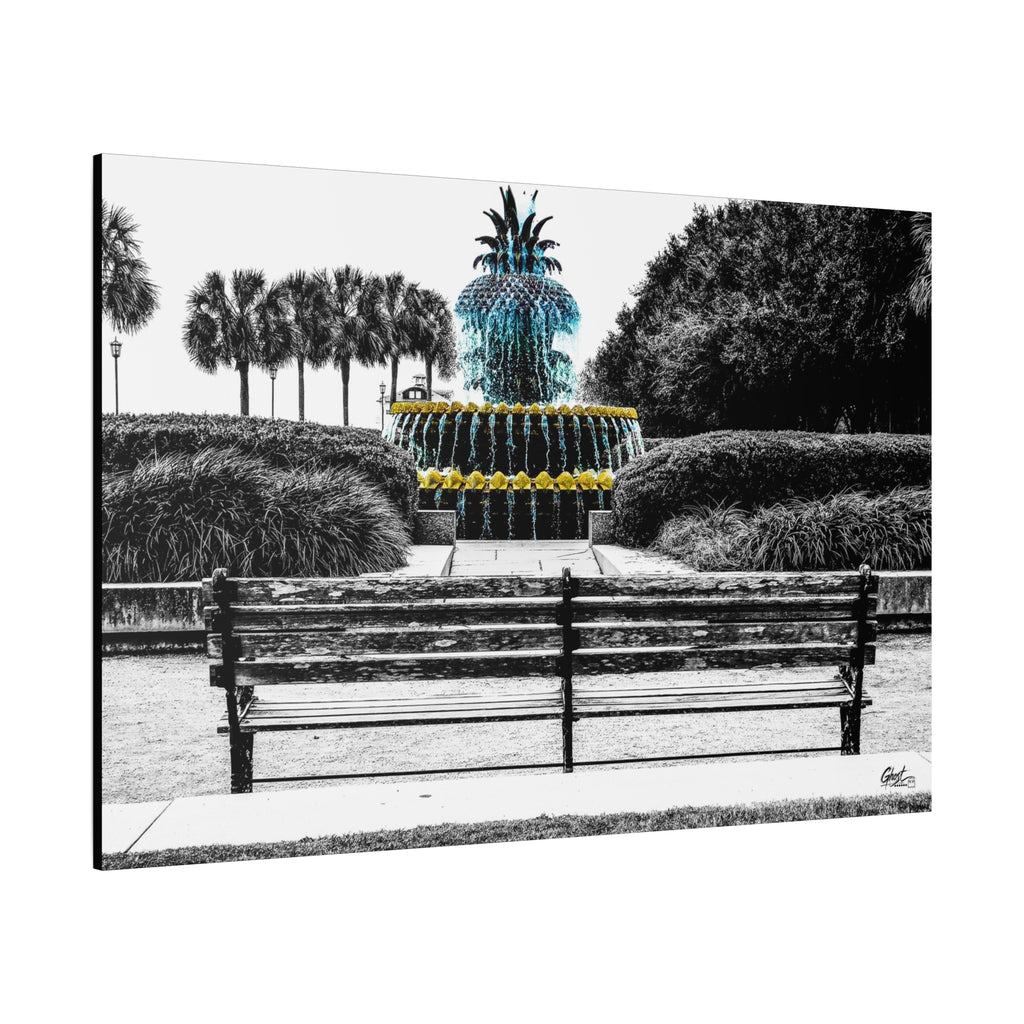 The Pineapple of Peace canvas, angled side view: stylized pineapple fountain with palmettos and a park bench