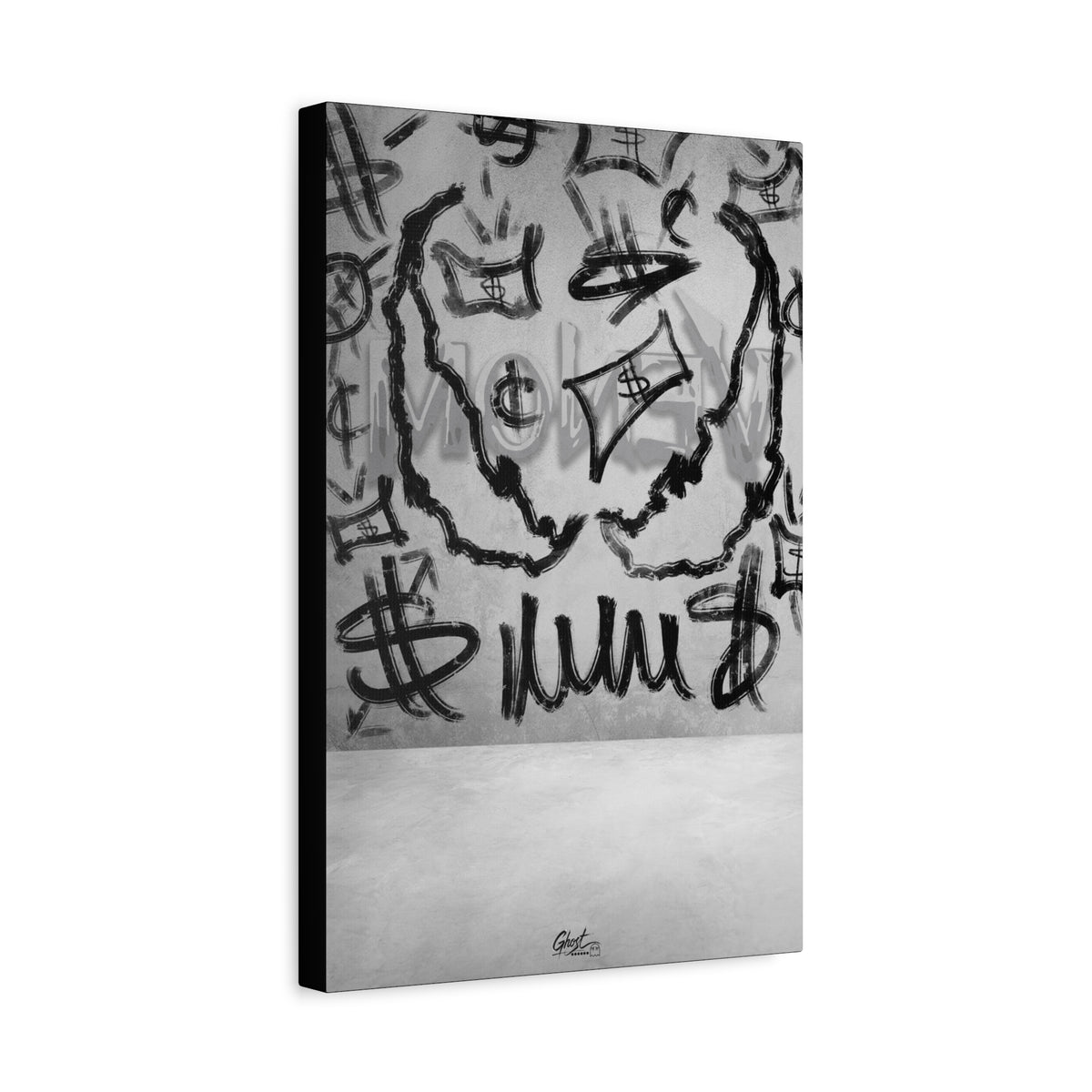 We Are Money canvas, angled view of the gallery-wrapped edge: graffiti-style black marks and tags on a pale base