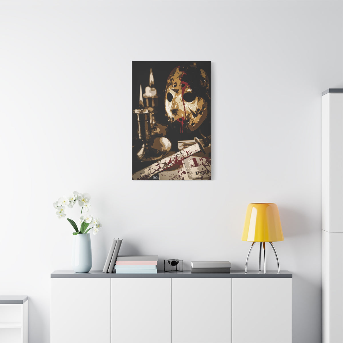 Off the Clock small canvas above a white sideboard and yellow lamp, bloodied hockey mask beside lit candles and a machete