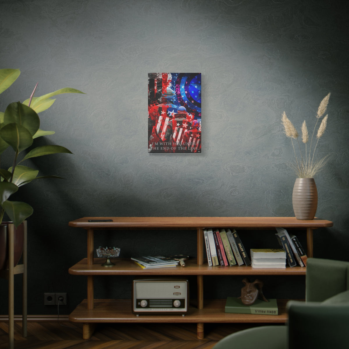 9/11 Never Forget medium canvas on a green-gray wall over bookshelves, patriotic tribute in red, white, blue and smoke gray