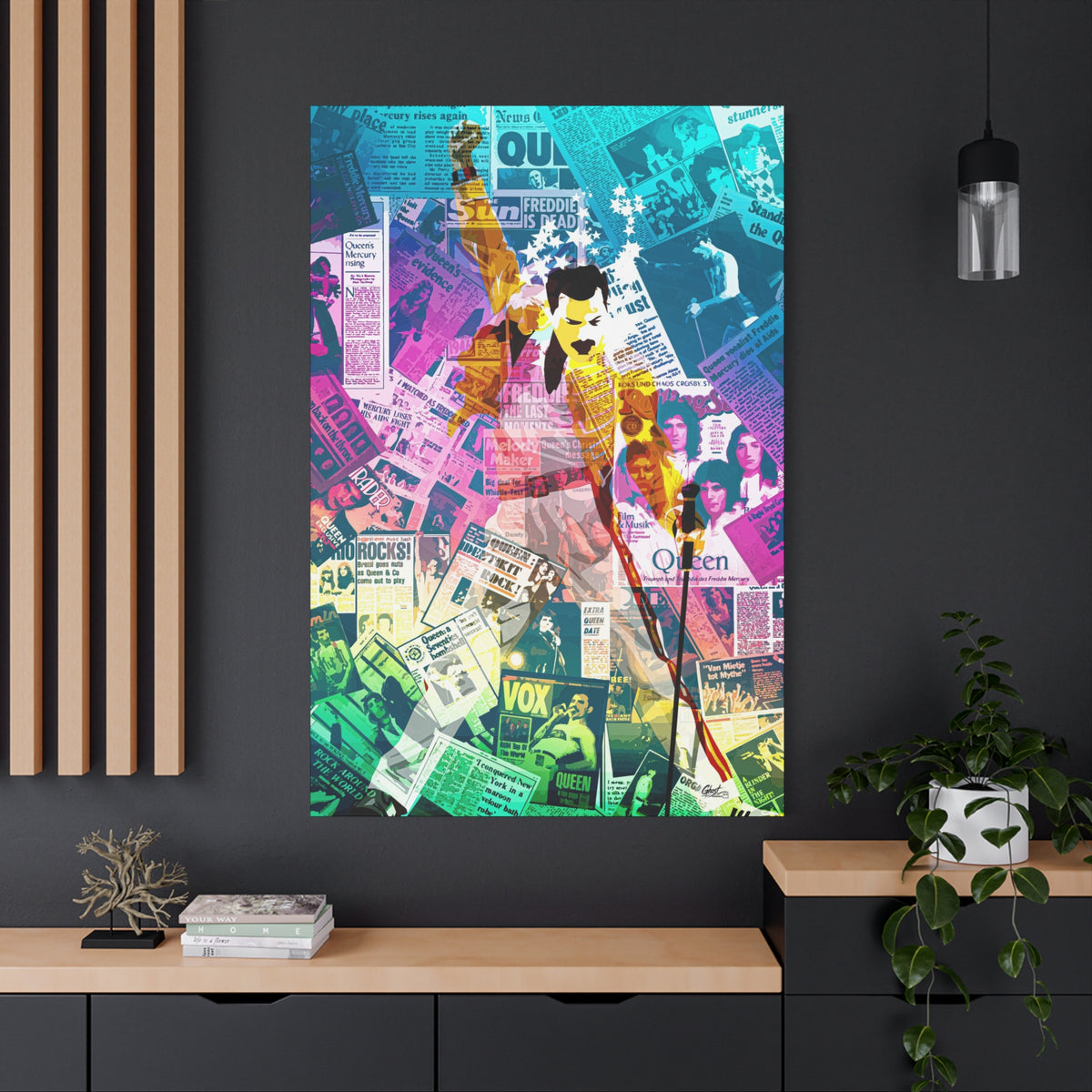 The Showman oversized canvas on a charcoal wall by wood slats, figure in a yellow jacket, fist raised, over newspaper collage