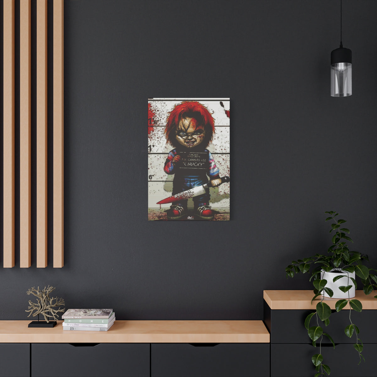 Best Friends Forever medium canvas on a charcoal wall by wood slats, doll lineup photo splashed with red