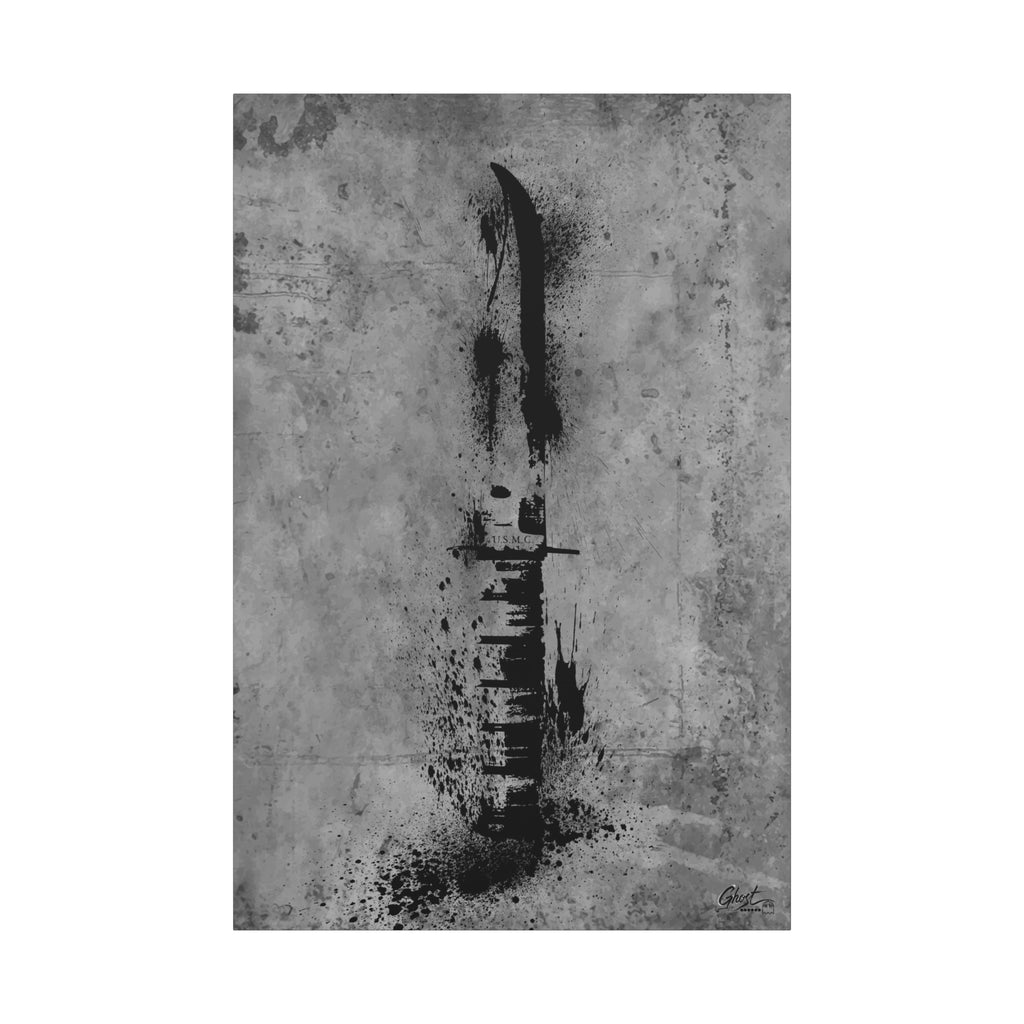 Marines BFF canvas print, front view: Marine fighting knife in black ink spatter on concrete gray
