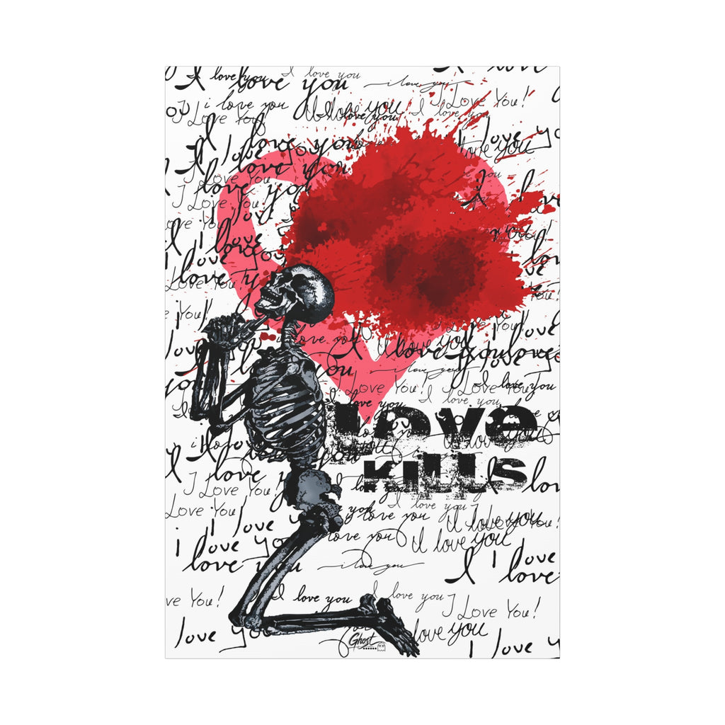 Love Kills canvas, angled view of the gallery-wrapped edge: black linework skeleton with red splatter heart