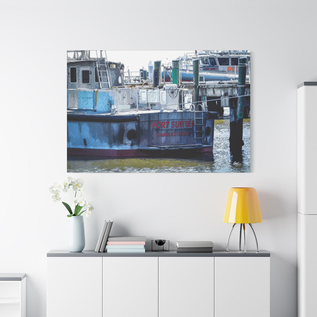 Fort Sumter Enhanced large canvas above a white sideboard and yellow lamp, weathered harbor boat with hand-drawn reflections