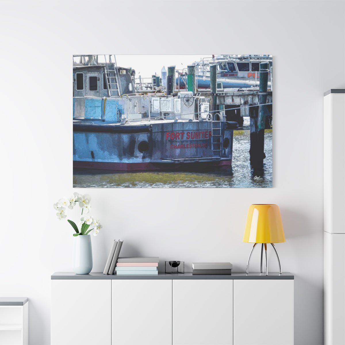 Fort Sumter Enhanced large canvas above a white sideboard and yellow lamp, weathered harbor boat with hand-drawn reflections