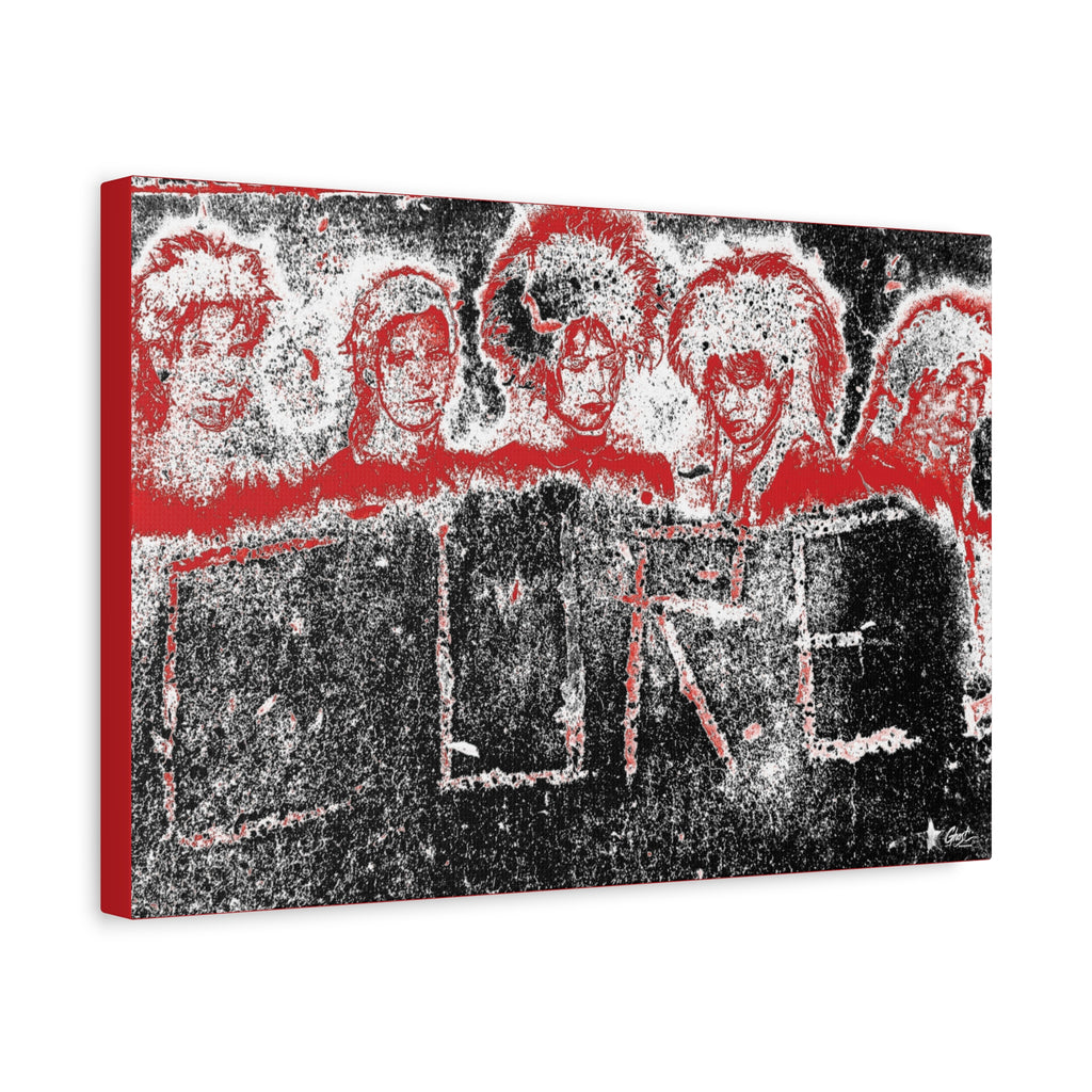 Lowcountry Medicine canvas, angled view of the gallery-wrapped edge: red-outlined faces over engraved lettering in a grungy sidewalk