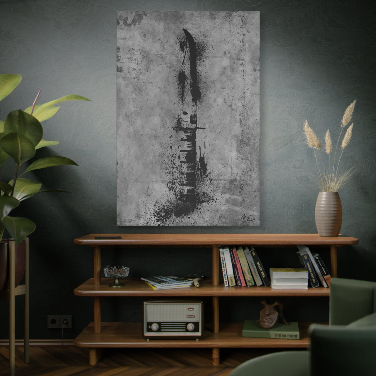 Marines BFF oversized canvas on a green-gray wall over bookshelves, clip-point knife silhouette in gritty black and gray