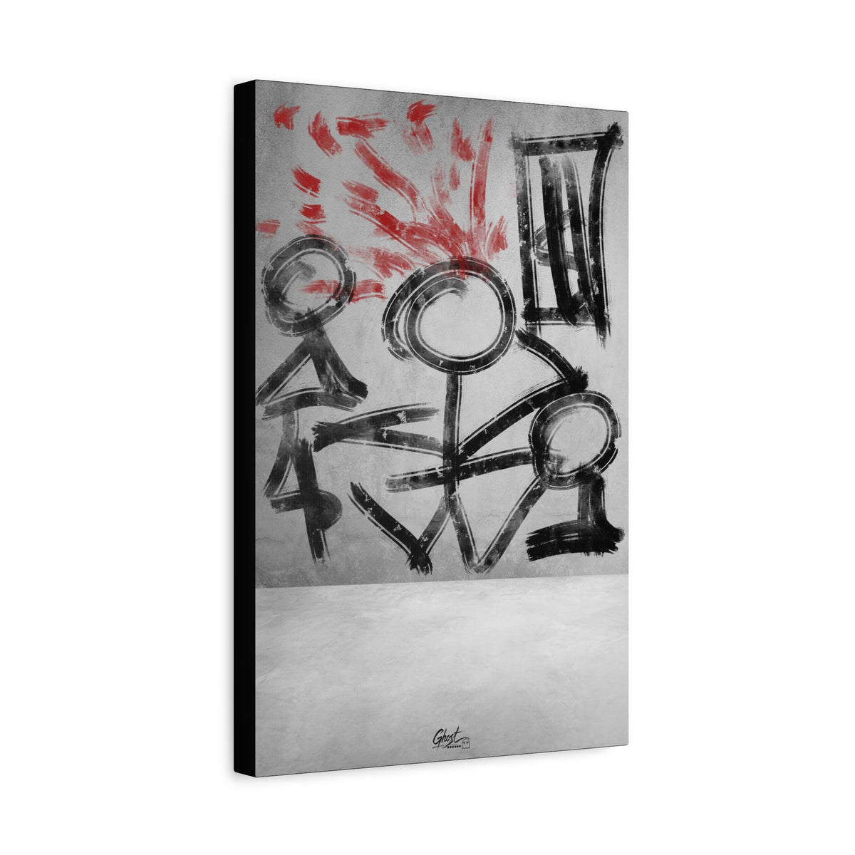 Stressed Out canvas, angled view of the gallery-wrapped edge: black stick figures beneath red brushstroke rays