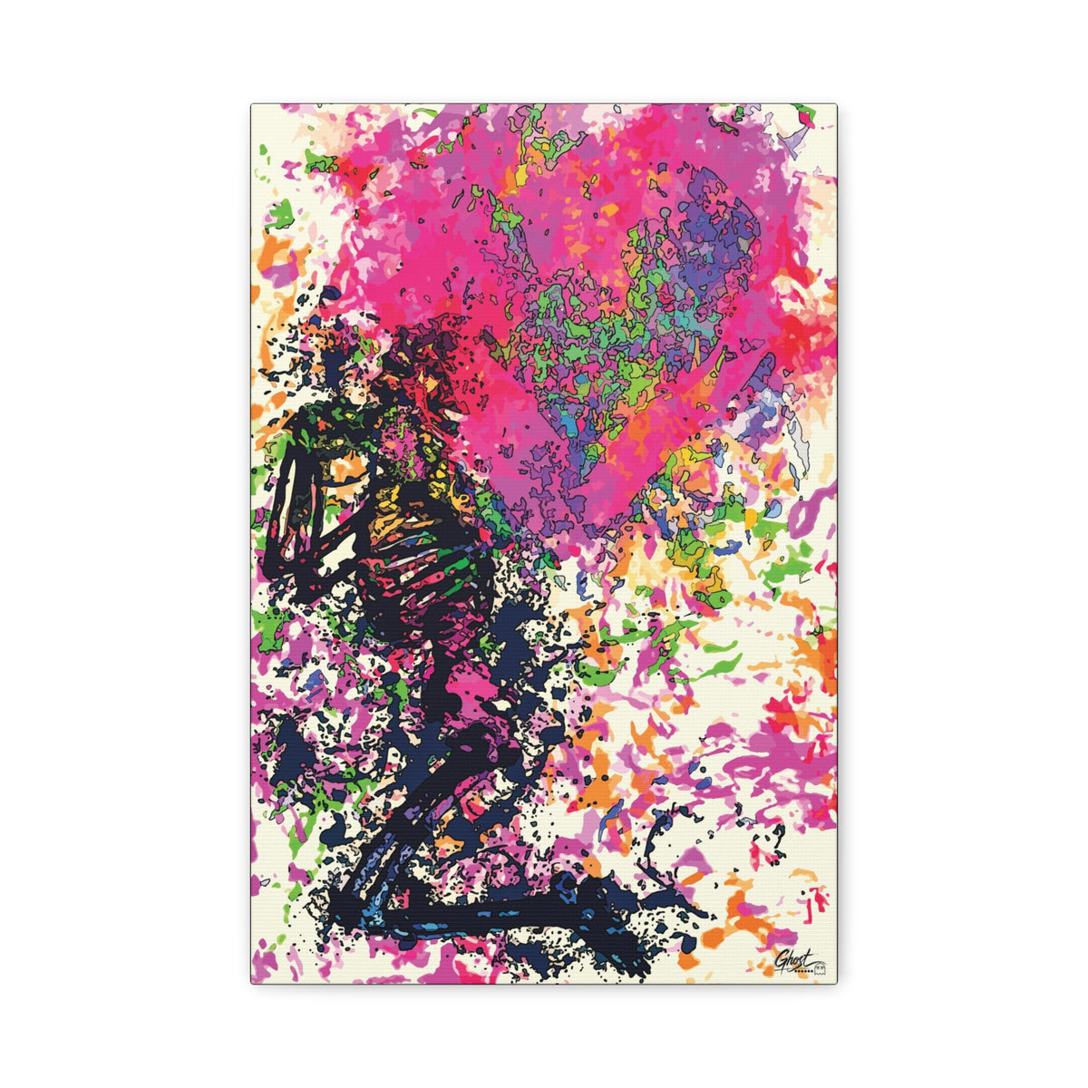 Waiting on My Love canvas print, front view: kneeling skeletal figure under a fuchsia splatter heart