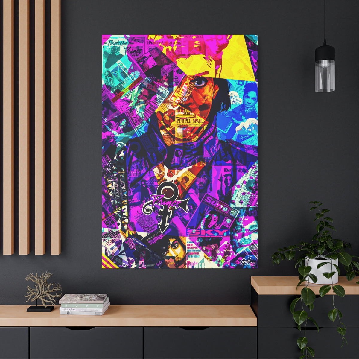 The Symbol canvas on a charcoal wall by wood slats, portrait in a yellow hat over a purple and teal magazine collage