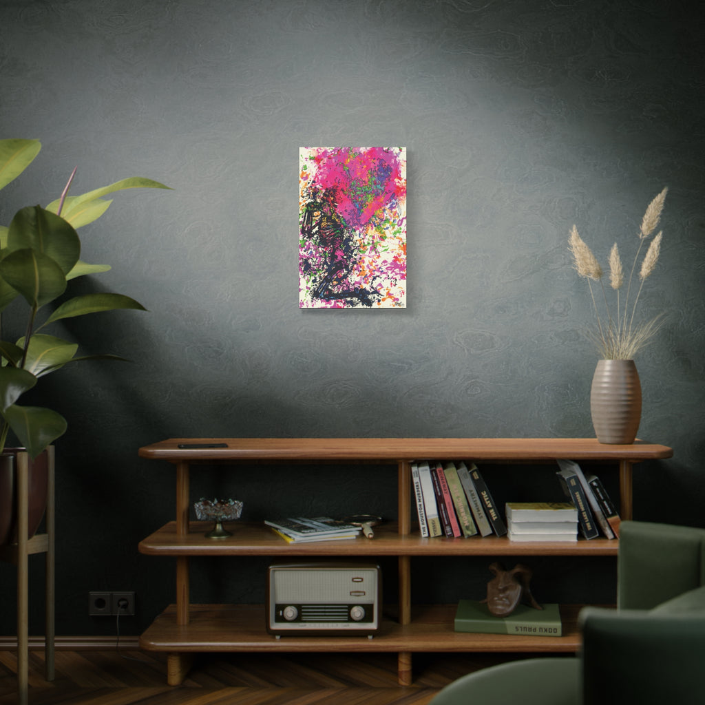Waiting on My Love small canvas above a wooden bookshelf, magenta and black splatter heart with a kneeling figure