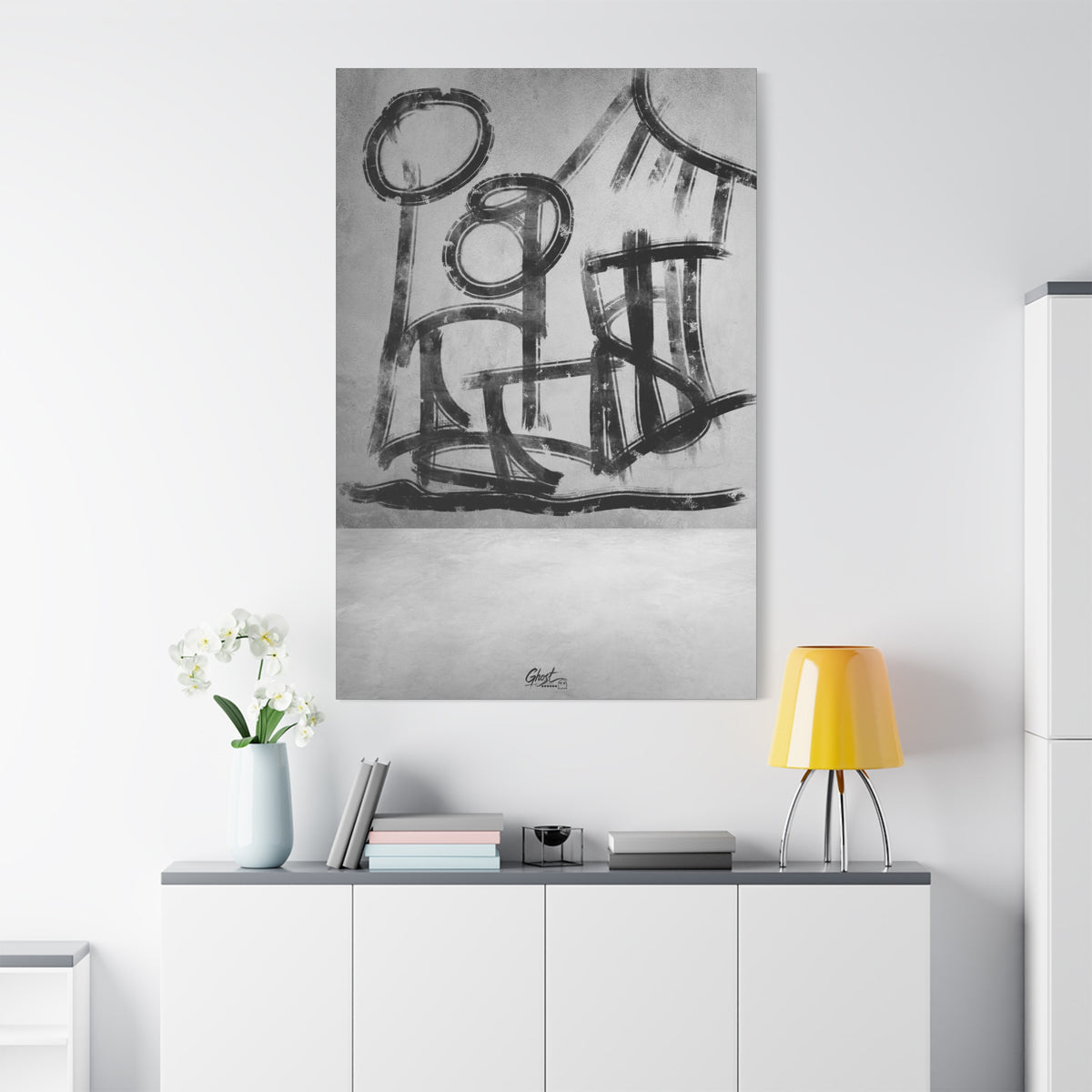 The Question oversized canvas on a white wall over a sideboard, sketchbook-style black-and-white abstract