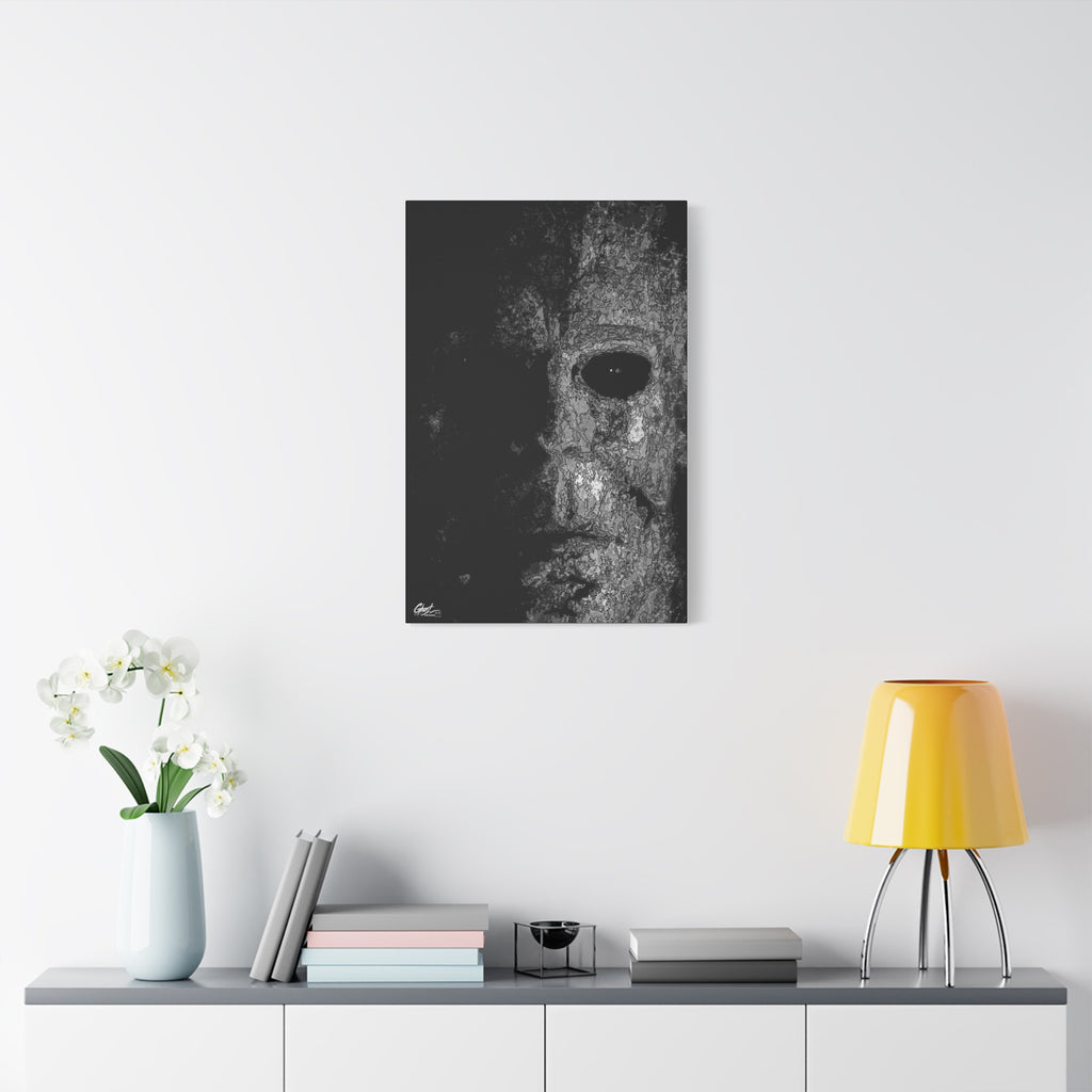 Stalk at Night large canvas on a white wall above a console, scratchy pen-and-ink mask emerging from darkness